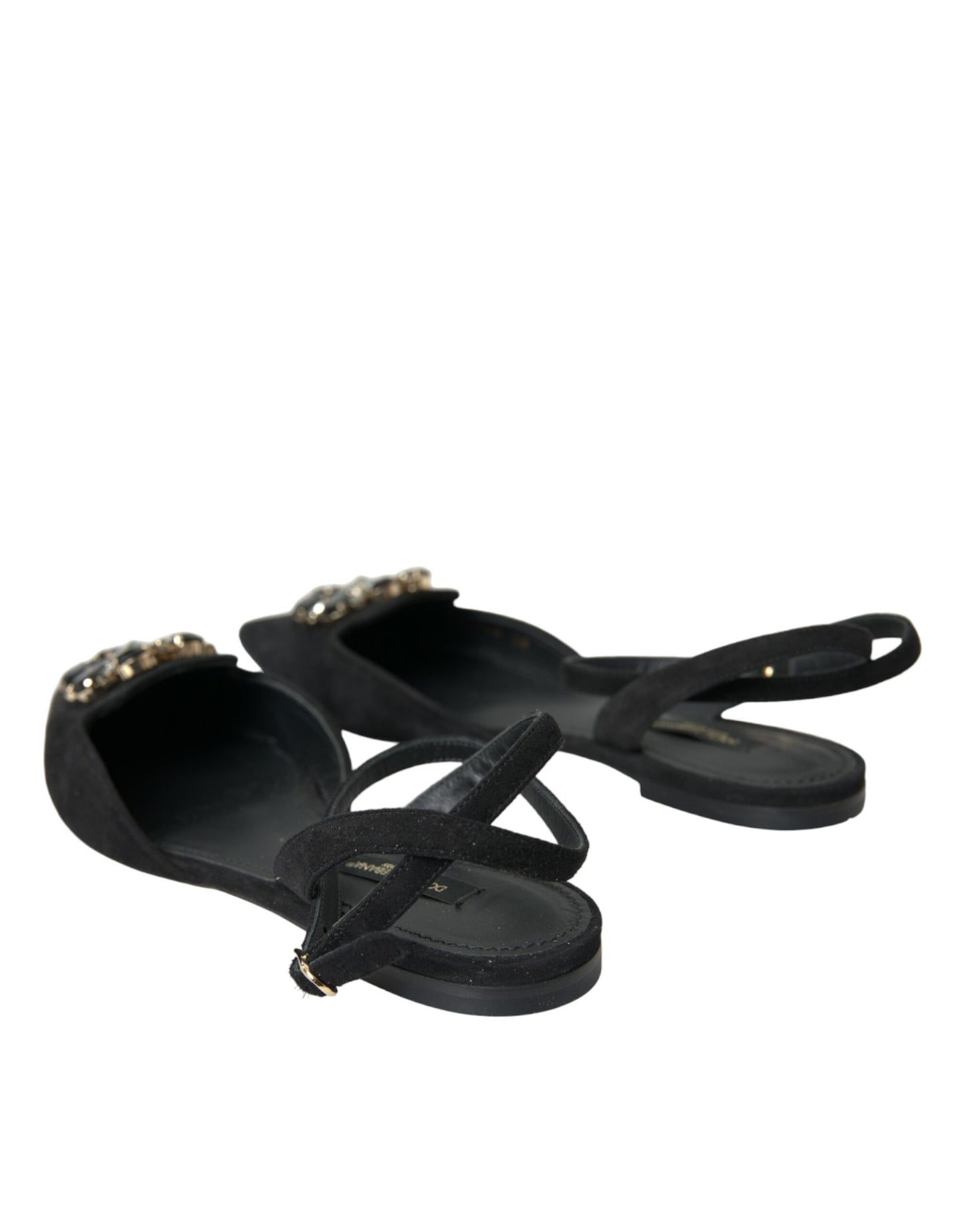 Black Leather Crystal Slingback Sandals Shoes