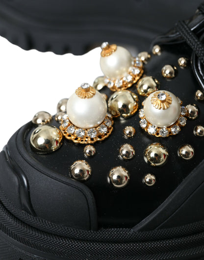 Black Leather Trekking Derby Embellished Shoes