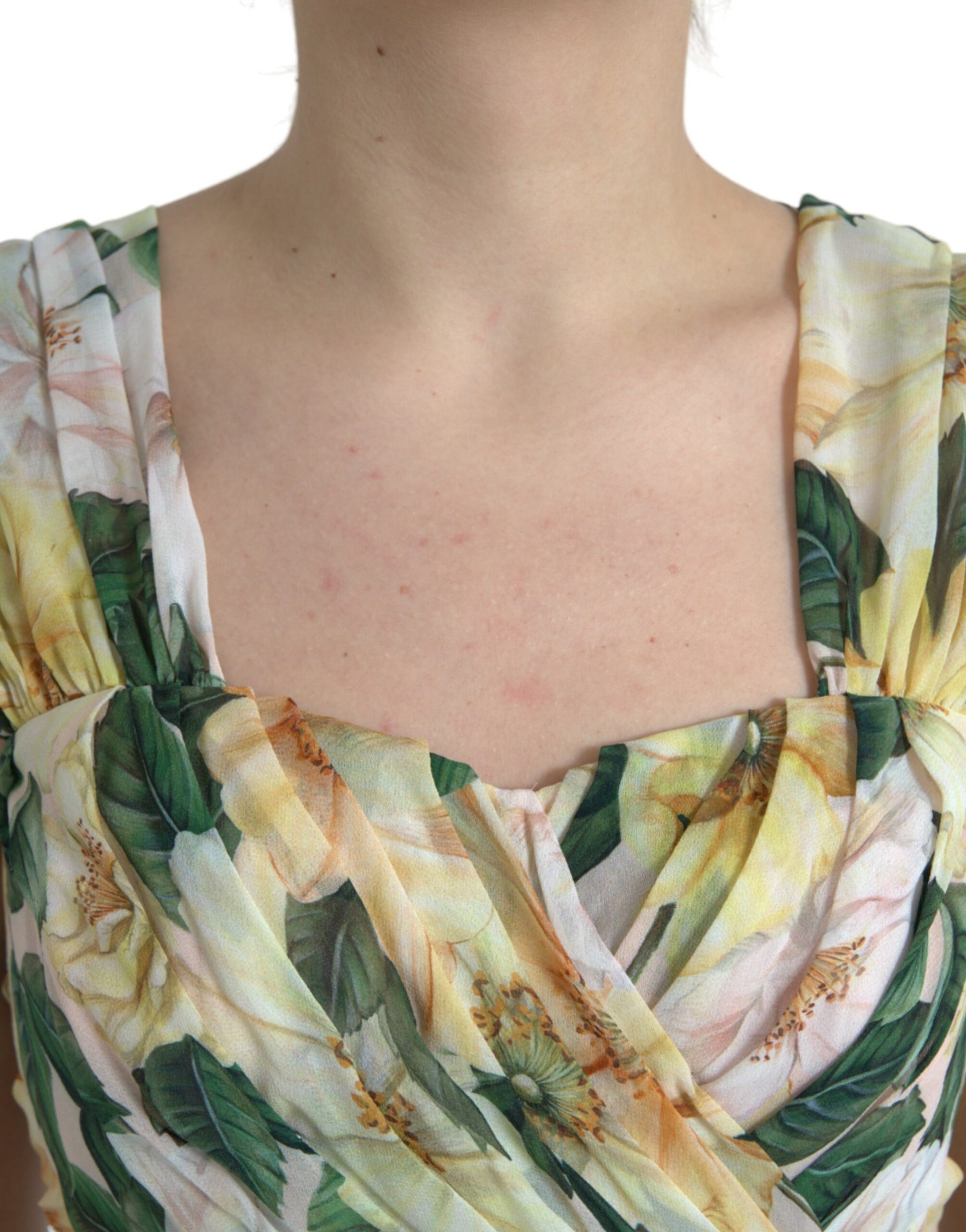 Gele zijden maxi-jurk met bloemenprint