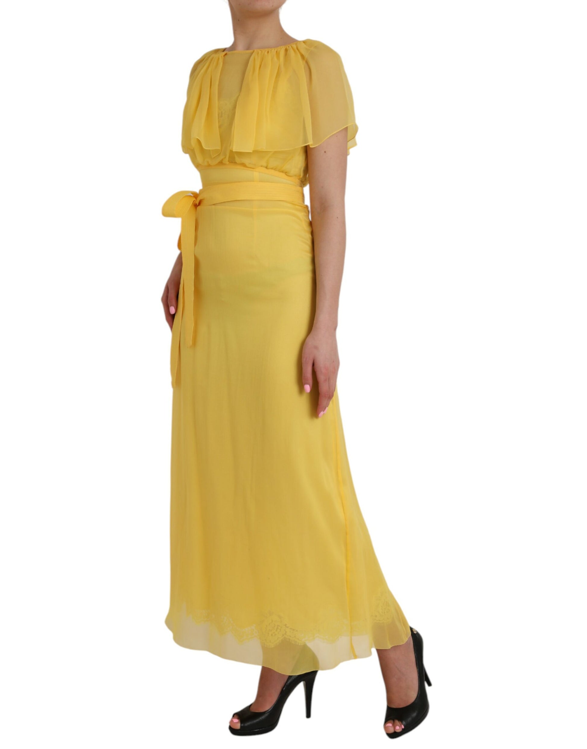 Yellow Silk Sheath Belted Long Maxi Dress