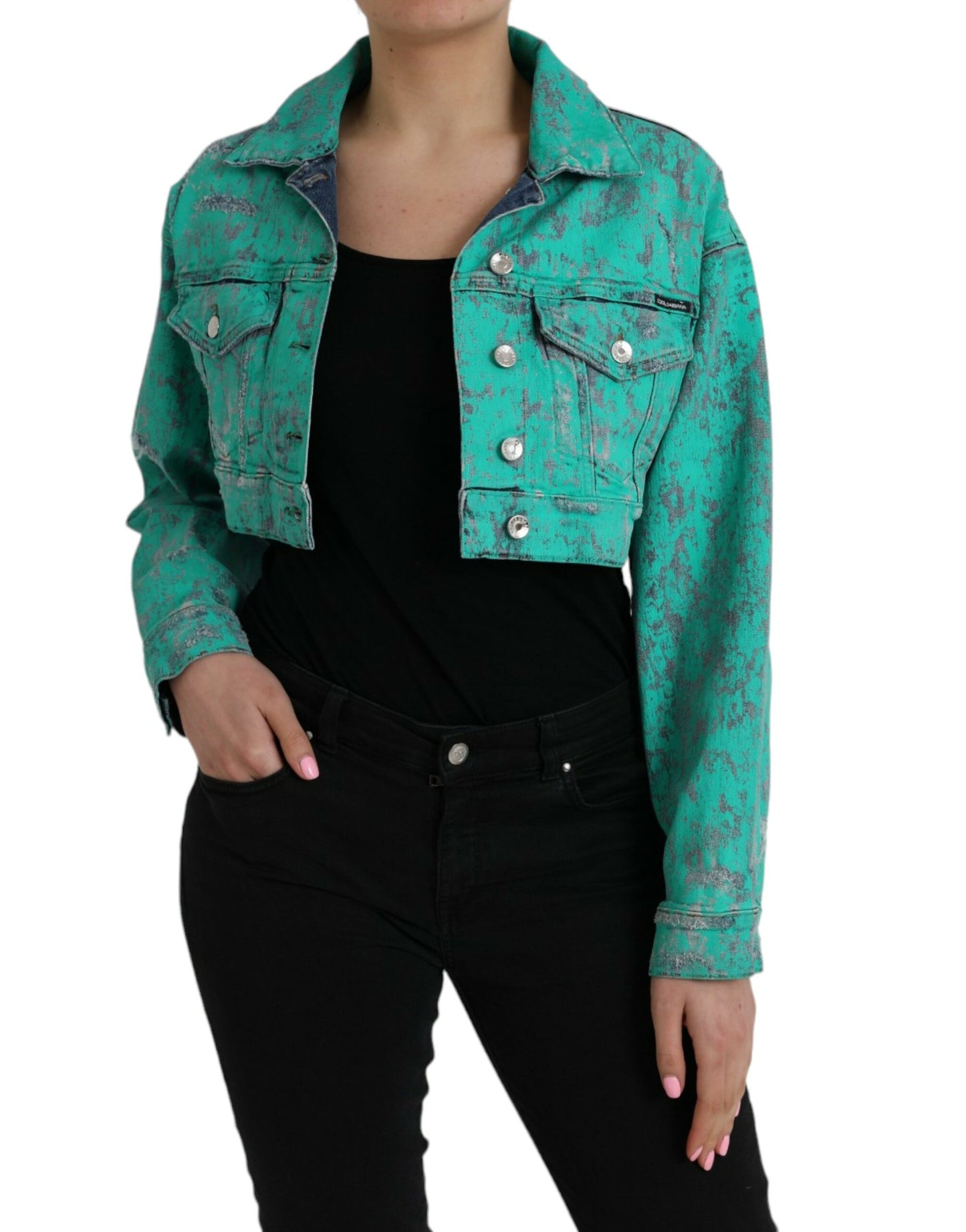 Green Cotton Tie Dye Cropped Cropped Denim Jacket