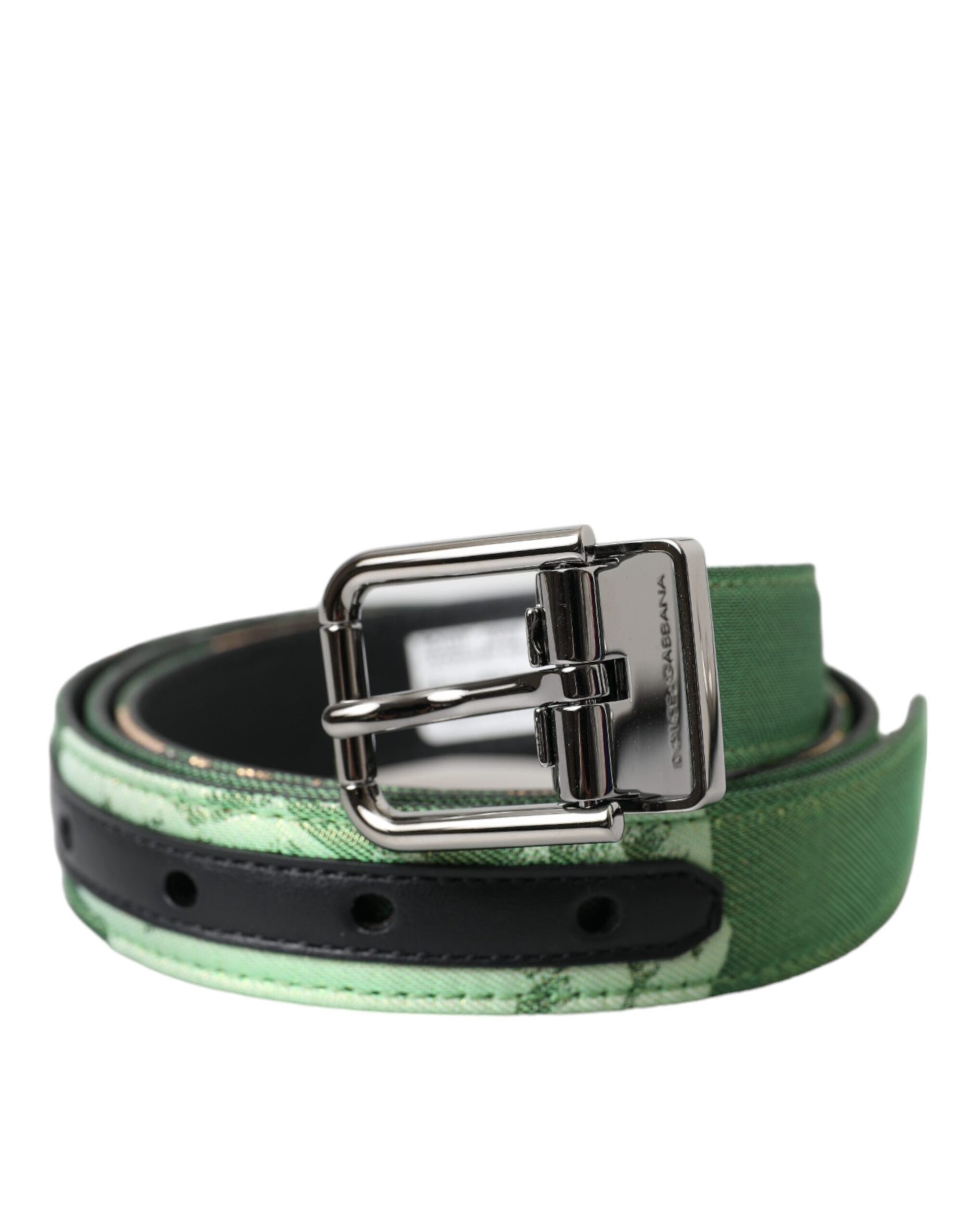 Green Leather Jacquard Silver Metal Buckle Belt