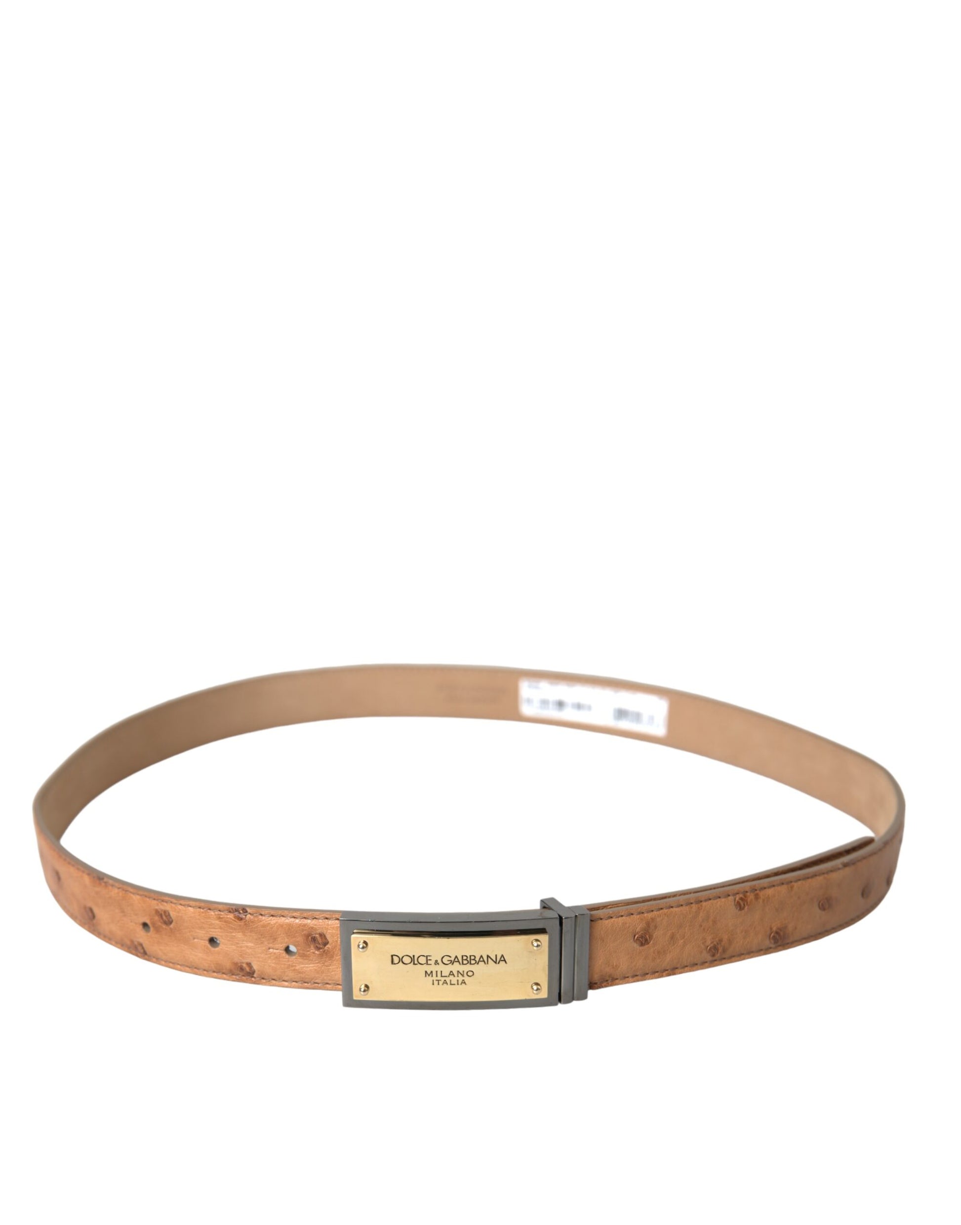 Beige leren riem met gouden logo en gegraveerde gesp