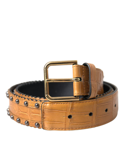 Beige Alligator Leather Studded Metal Buckle Belt