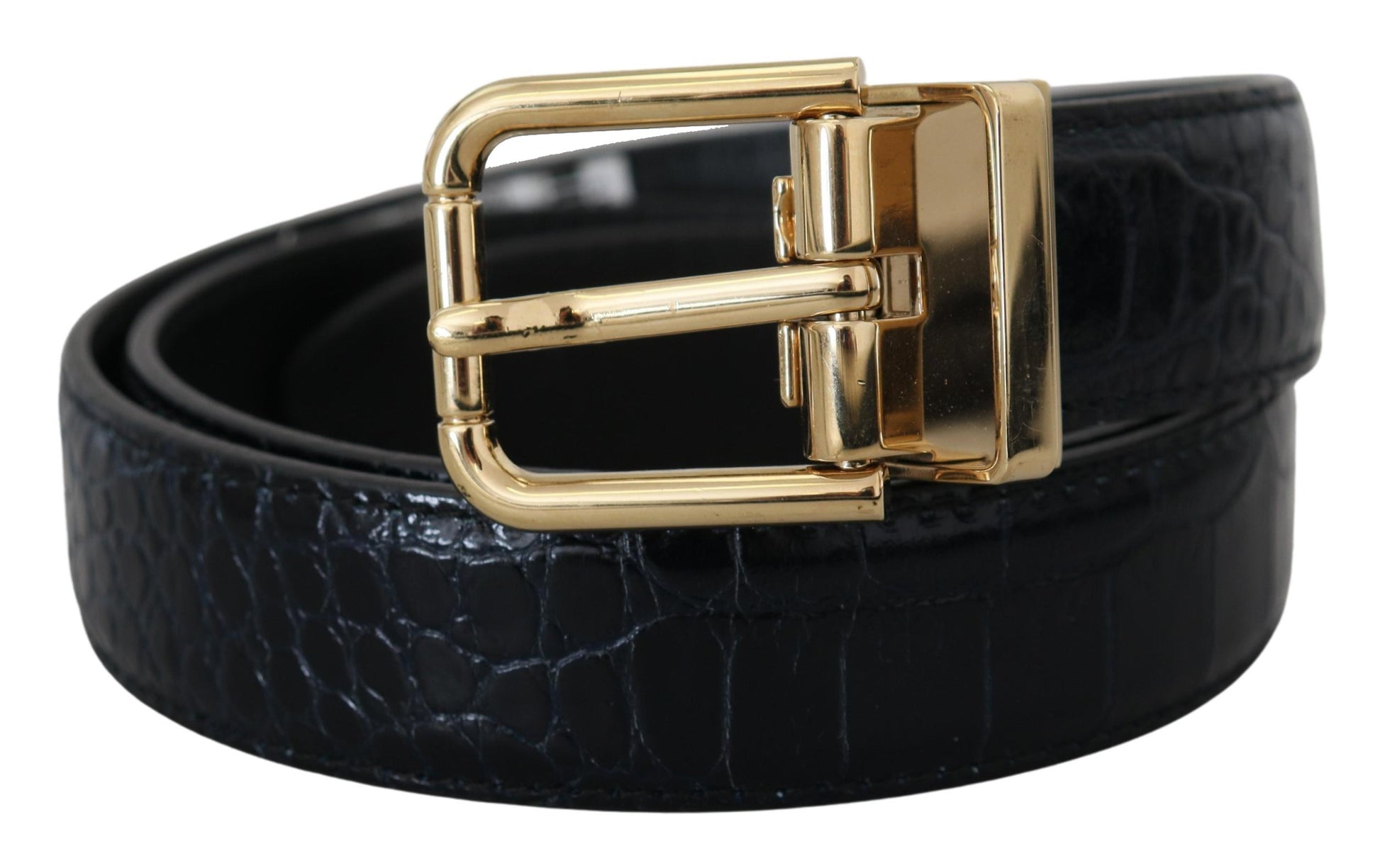 Black Exotic Leather Gold Metal Buckle Belt