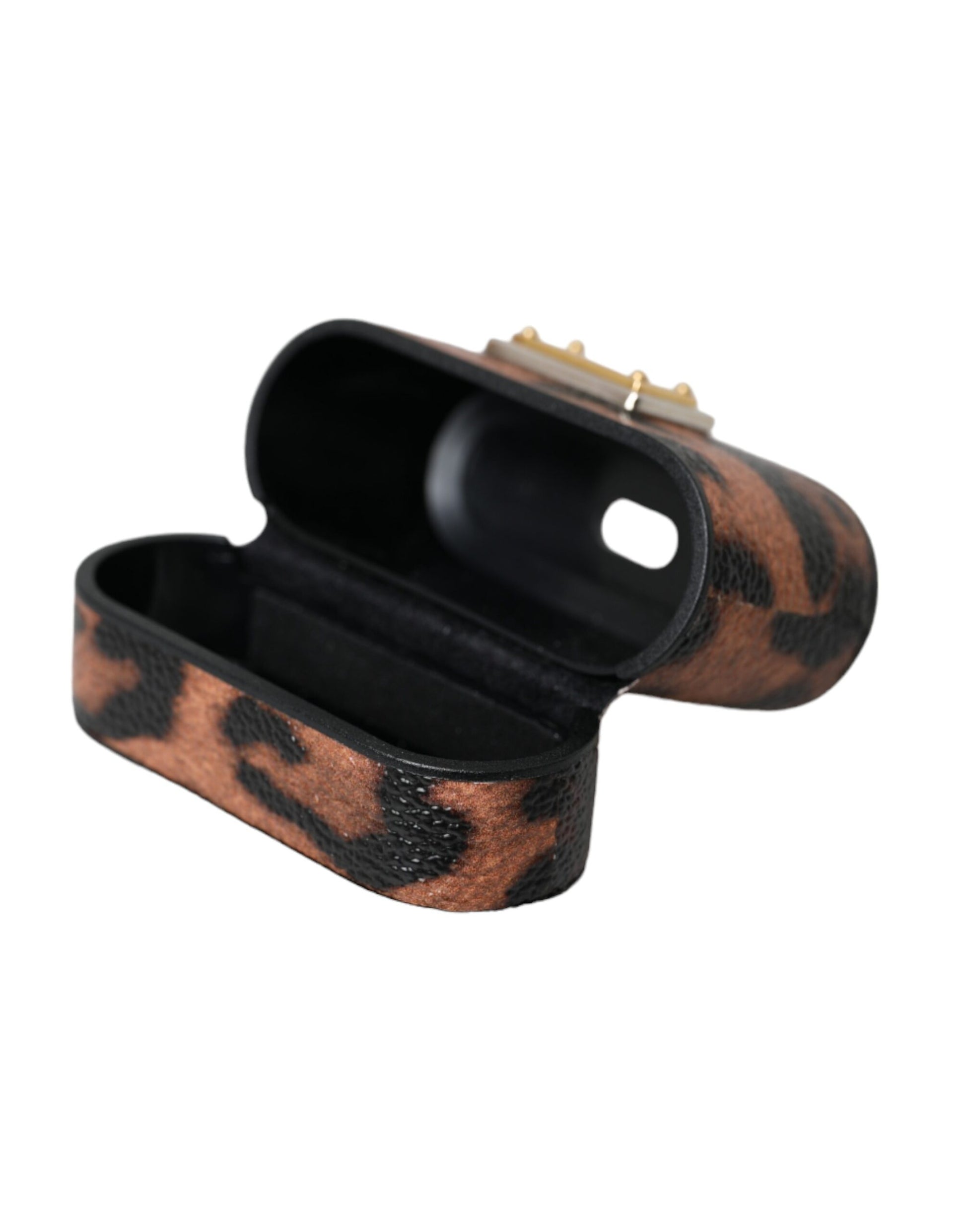 Bruine Luipaard Kalfsleren Logo Plaque Airpods Case