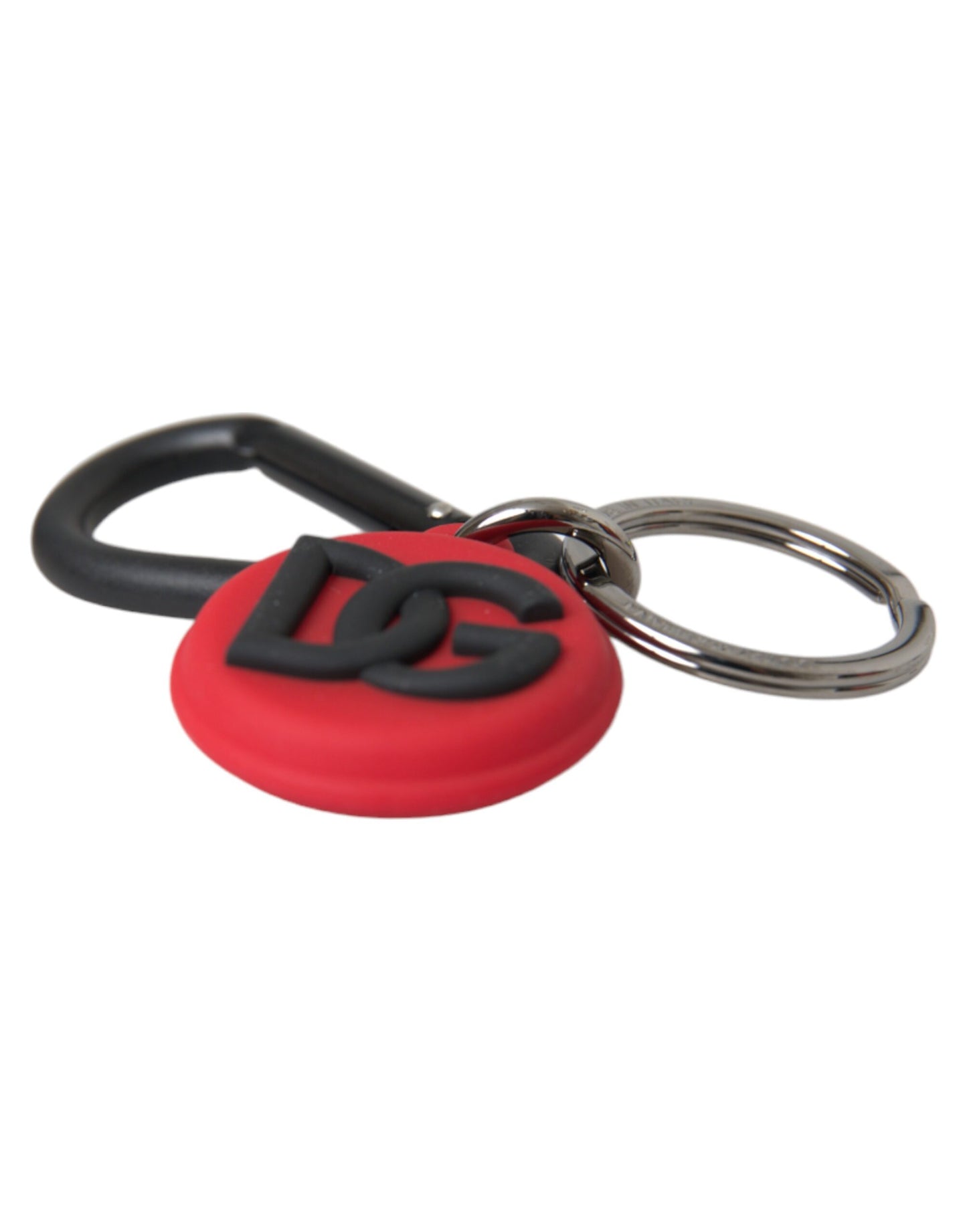 Rode rubberen DG-logo ronde metalen messing sleutelhanger