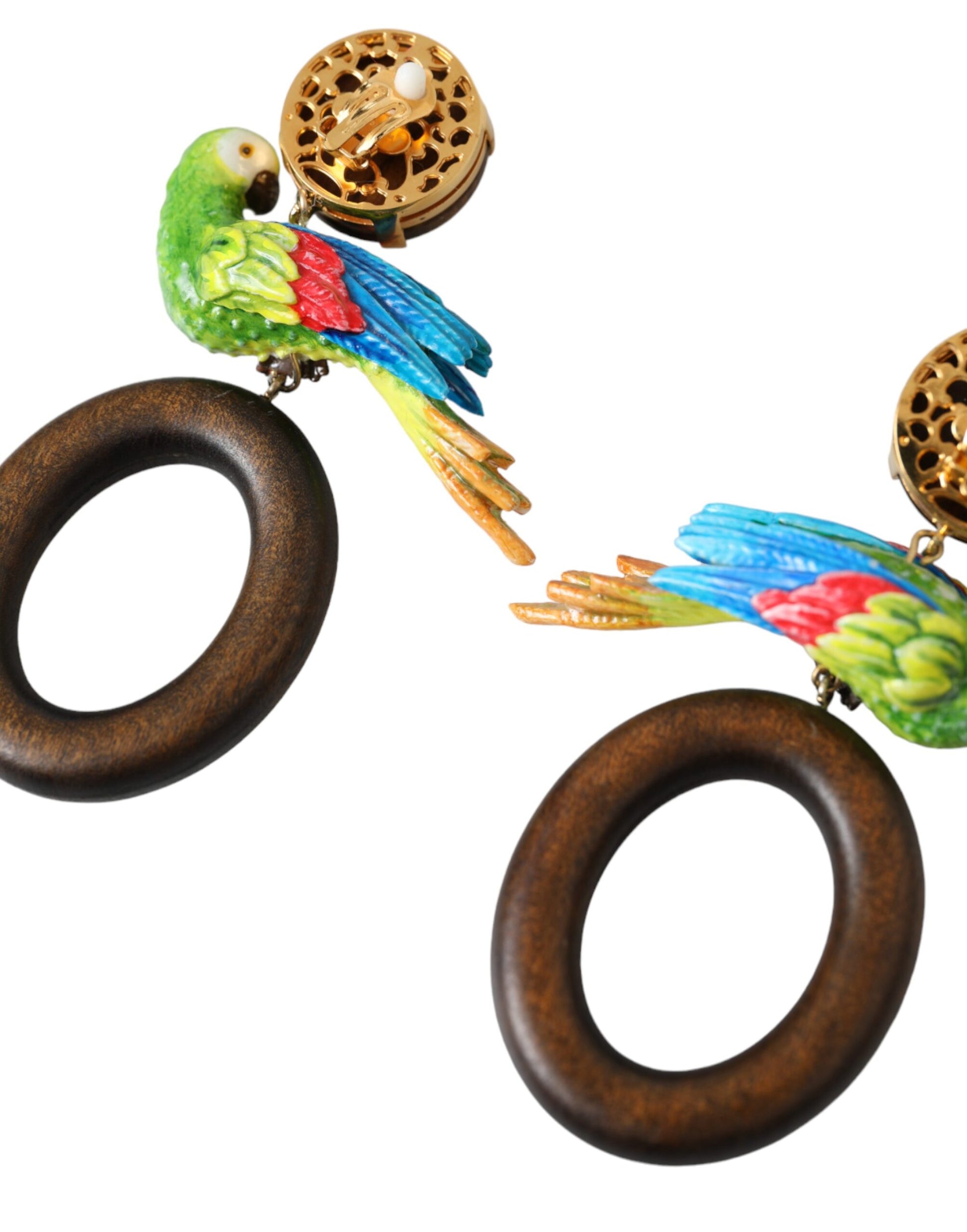 Multicolor Parrot Wood Brass Crystal Embellished Earrings