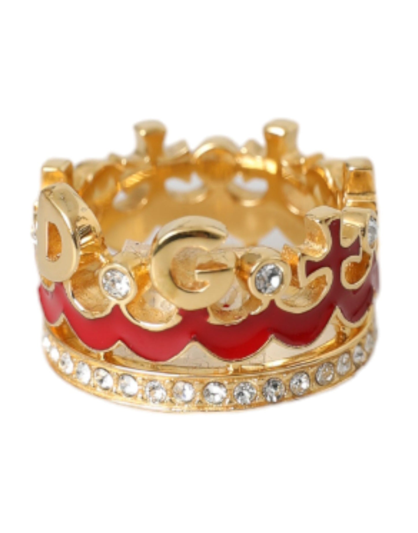 Goudkleurige messing kristal emaille DG CROWN statement ring