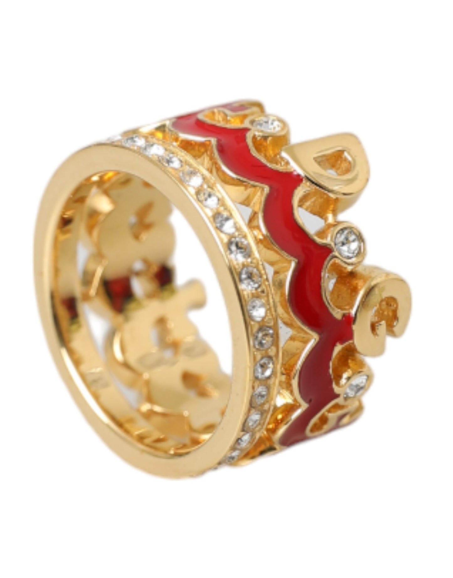 Goudkleurige messing kristal emaille DG CROWN statement ring