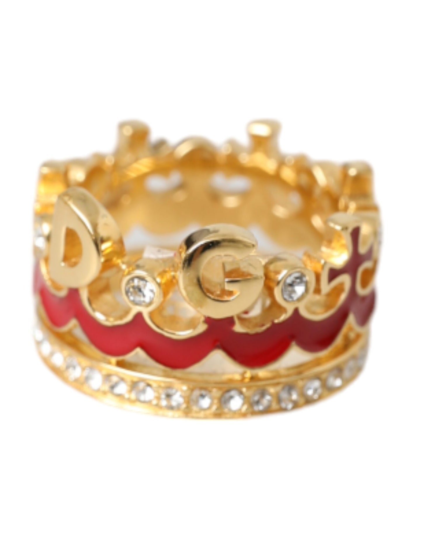 Goudkleurige messing kristal emaille DG CROWN statement ring