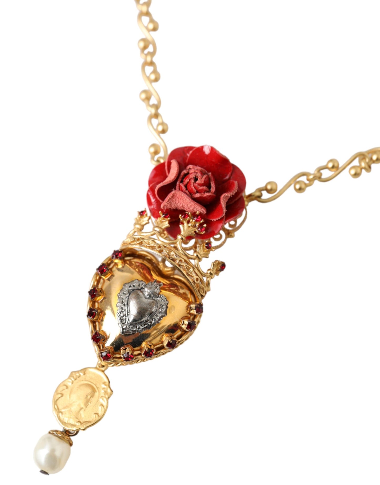 Gold BrassChain Sacred Heart Rose Crystal Charm Necklace