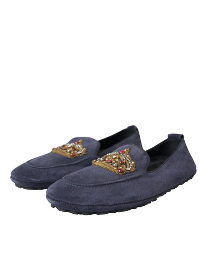 Blauwe leren suède kristal kroon loafers schoenen