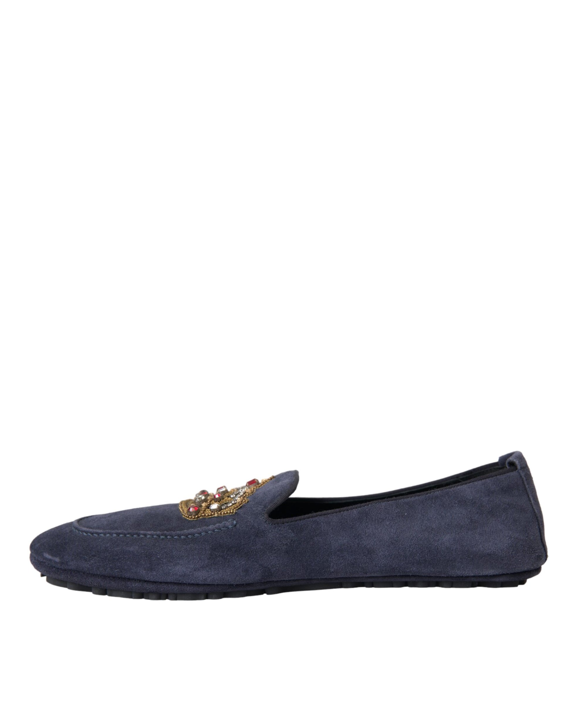 Blauwe leren suède kristal kroon loafers schoenen