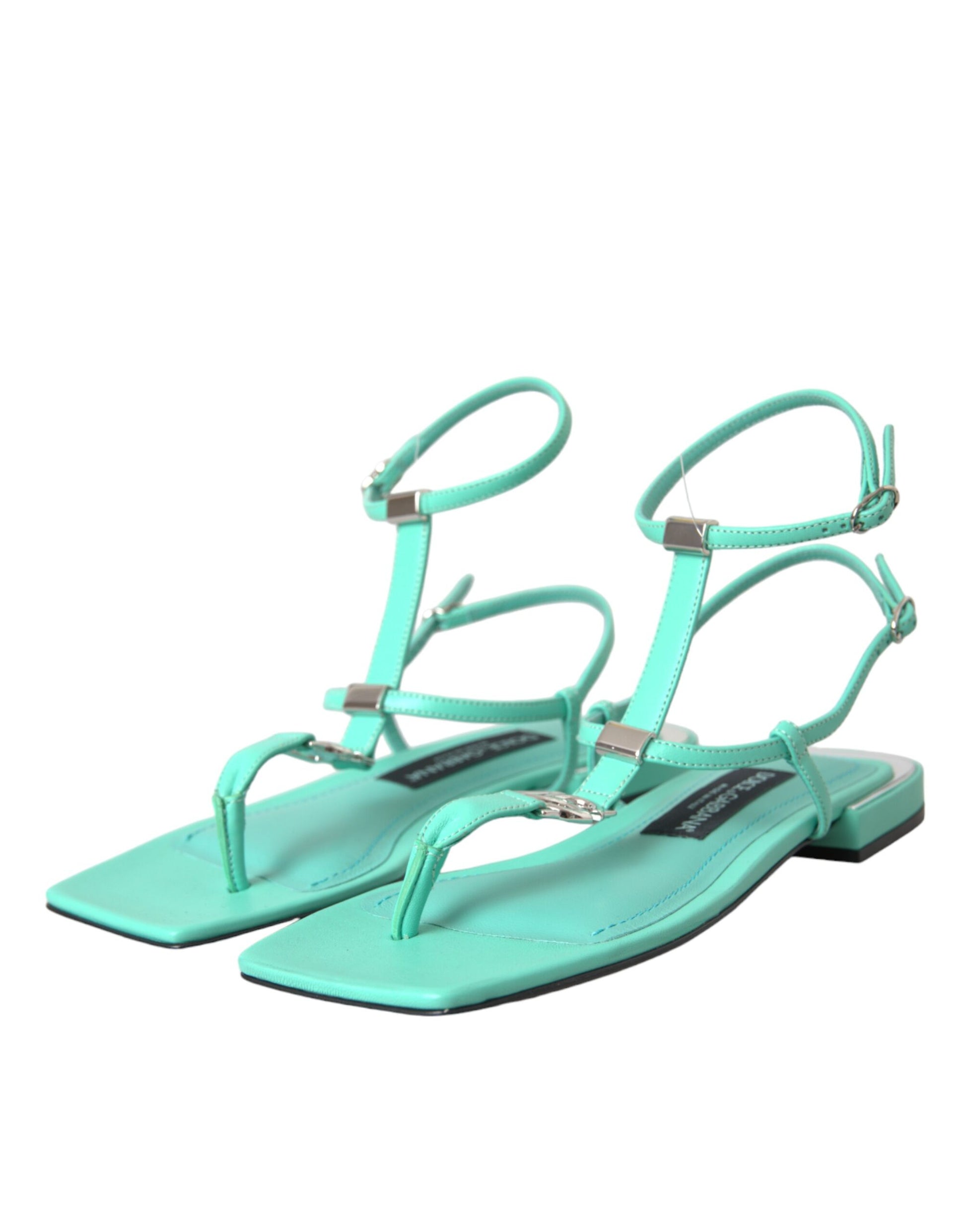 Aqua Groene Leren Enkelband Flats Sandalen Schoenen