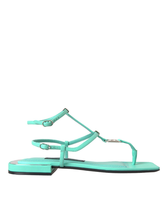 Aqua Groene Leren Enkelband Flats Sandalen Schoenen