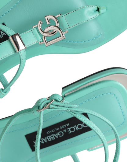 Aqua Groene Leren Enkelband Flats Sandalen Schoenen