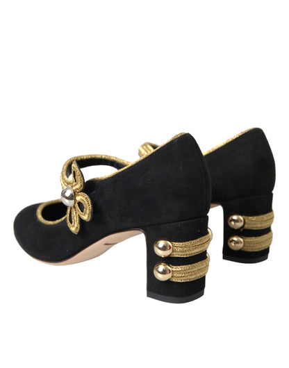 Black Suede Gold Mary Janes Heels Pumps Shoes