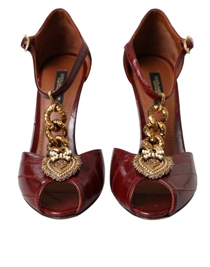 Dark Red Leather Gold Devotion Heart Sandals Shoes