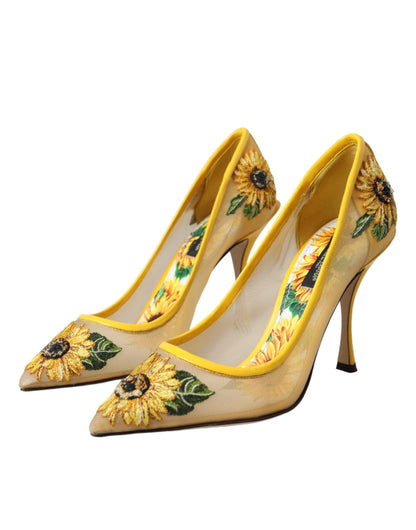 Gele zonnebloem mesh hakken pumps schoenen