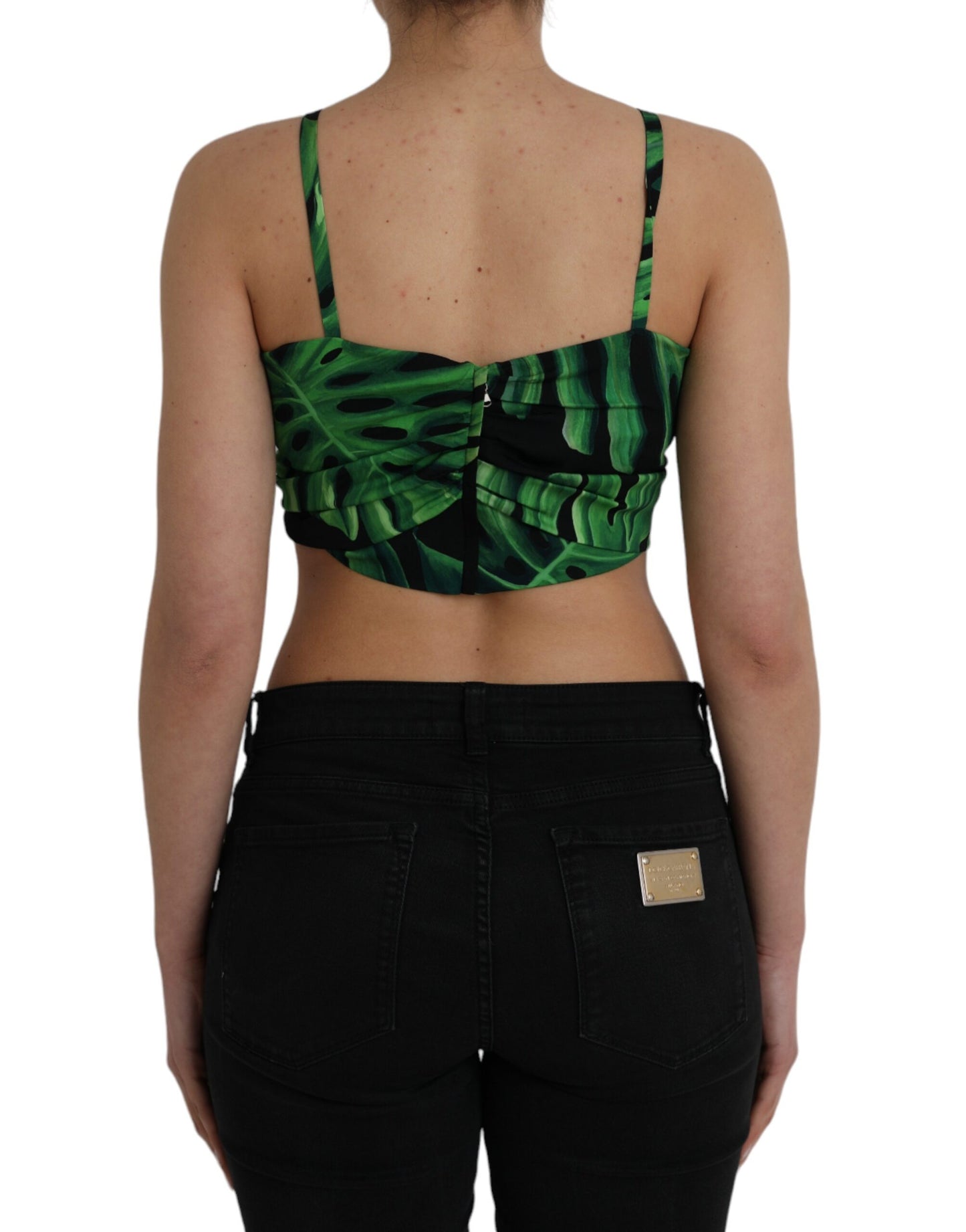 Zwarte Groene Blad Zijden Halter Cropped Top