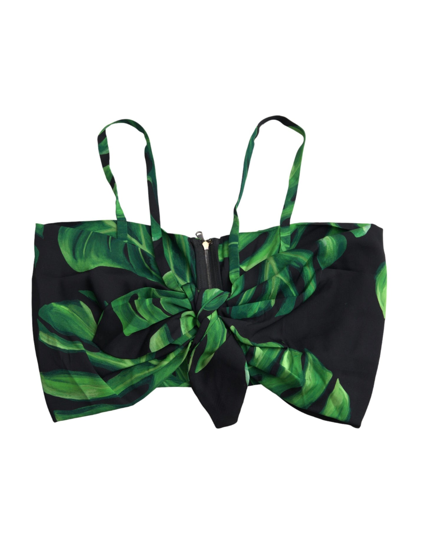 Zwarte Groene Blad Zijden Halter Cropped Top