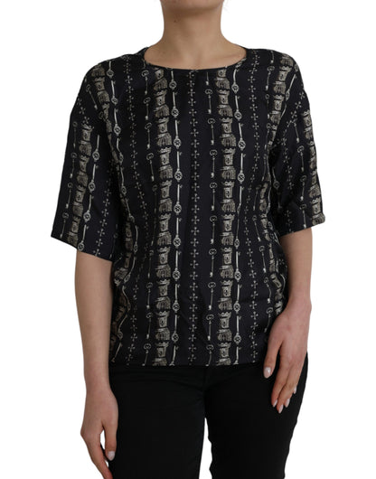 Zwarte Key Castle Print Zijden Blouse T-shirt