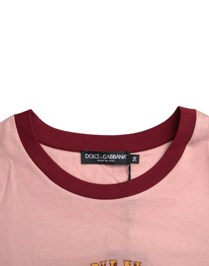 Roze katoenen T-shirt met korte mouwen en ronde hals