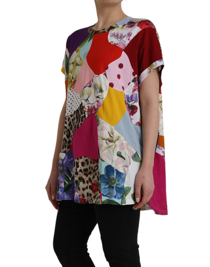 Meerkleurige patchwork katoenen zijden blouse top