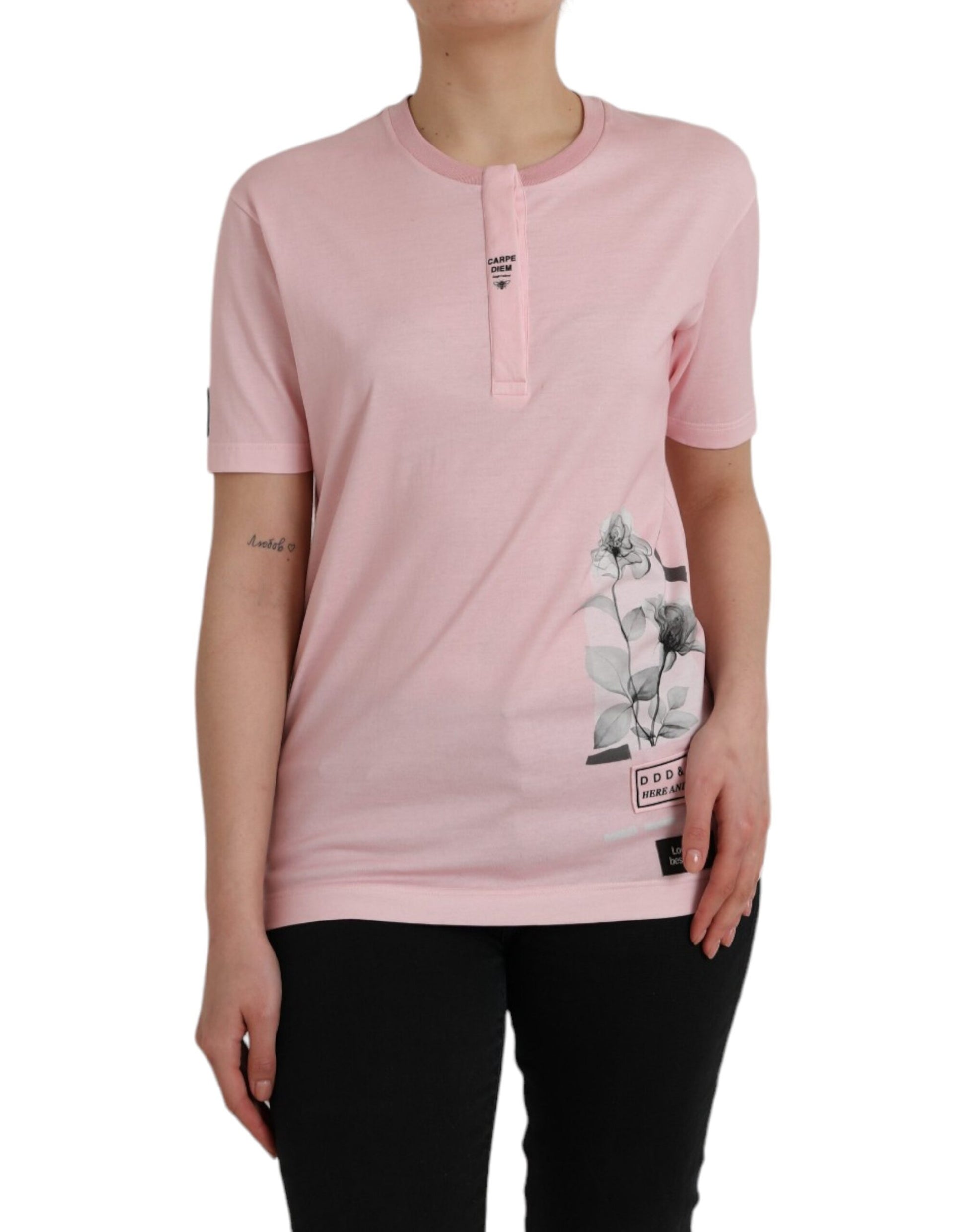 Roze bloemenprint katoenen T-shirt met korte mouwen