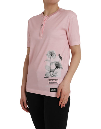 Roze bloemenprint katoenen T-shirt met korte mouwen