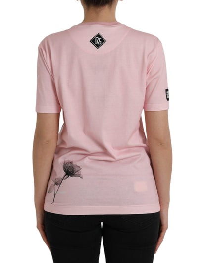 Roze bloemenprint katoenen T-shirt met korte mouwen