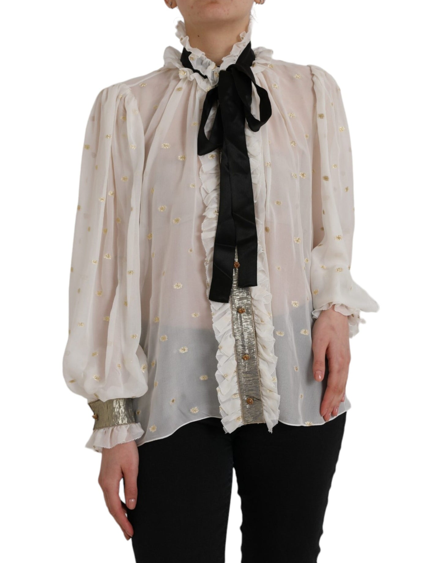 Off White Zijden Mix Ascot Kraag Blouse Top