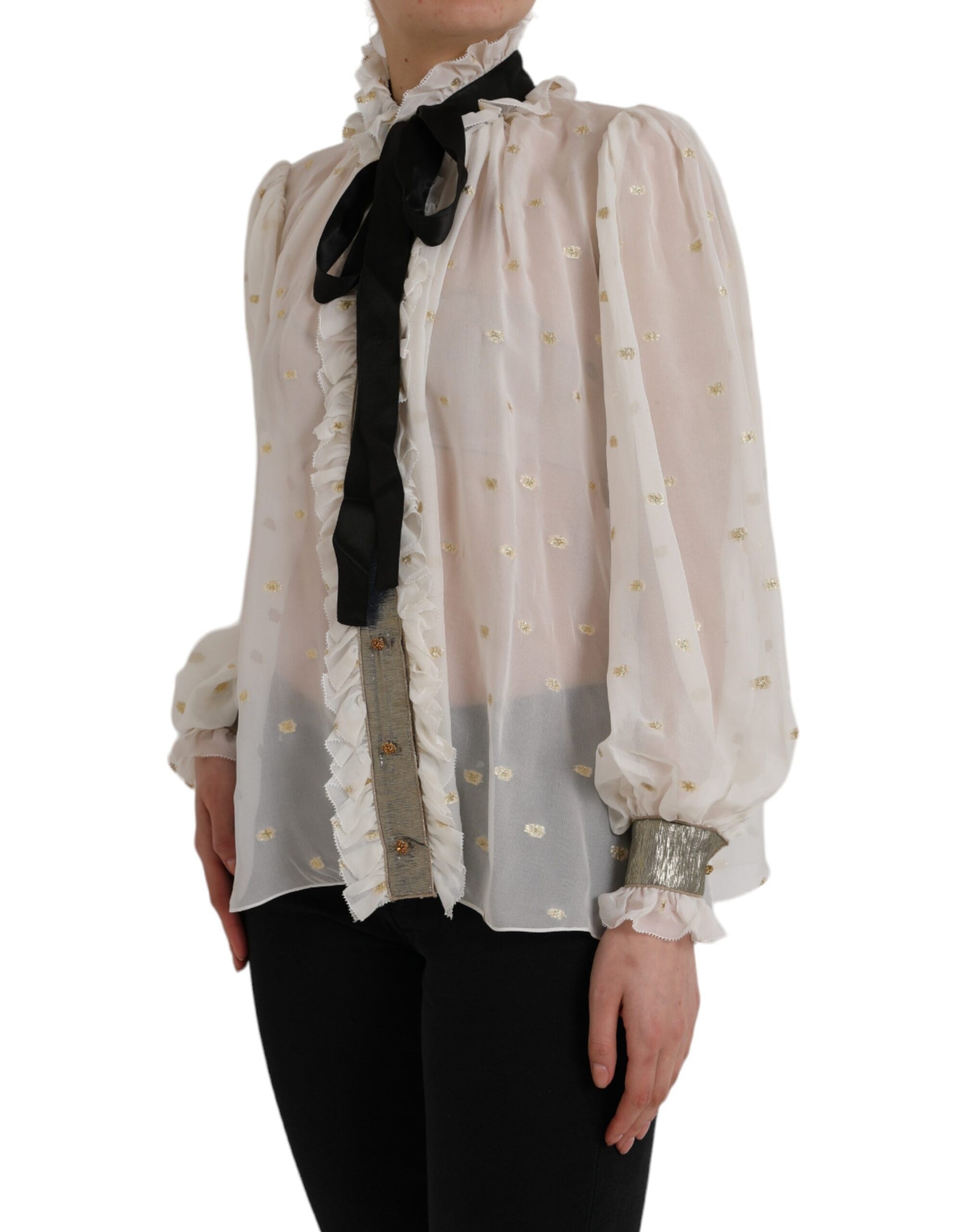 Off White Zijden Mix Ascot Kraag Blouse Top