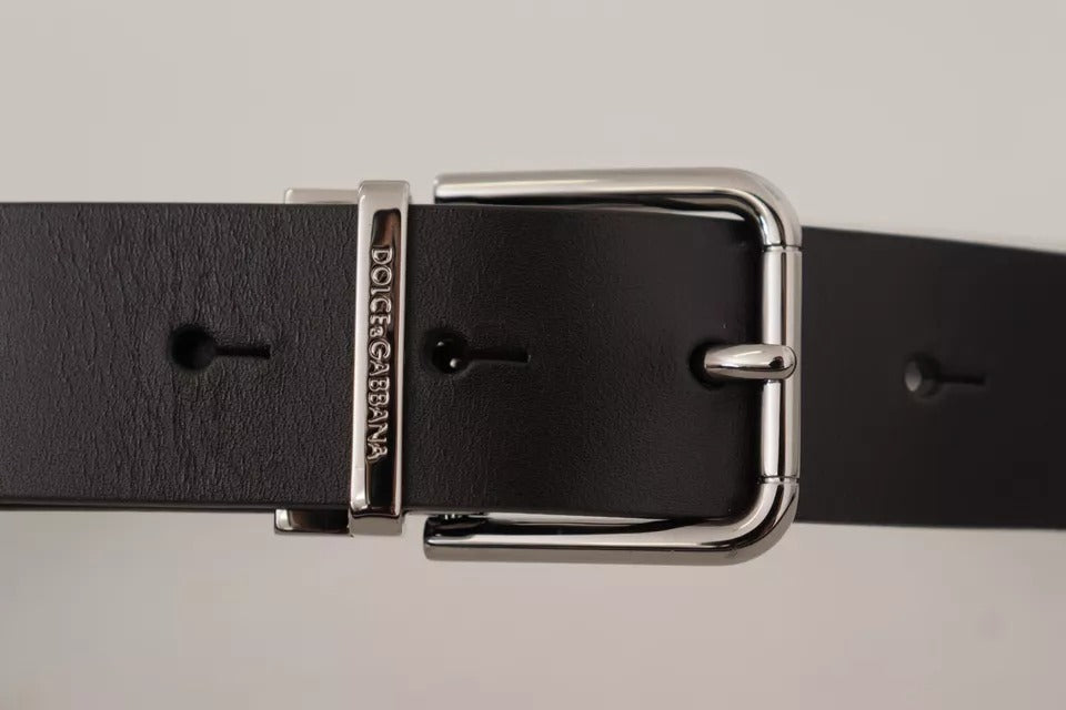 Black Calf Leather Logo Engraved Metal Buckle Belt