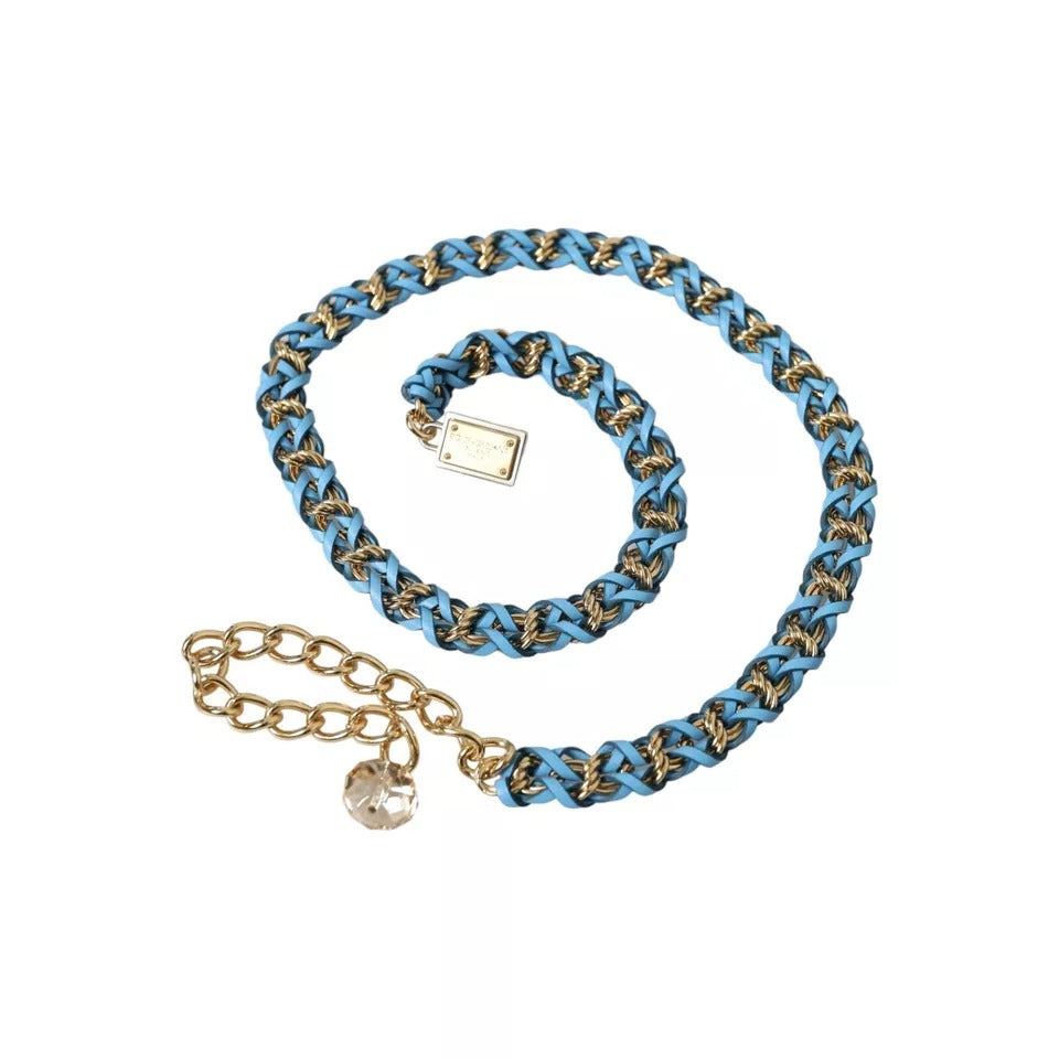 Blauwe gevlochten gouden messing ketting taille riem