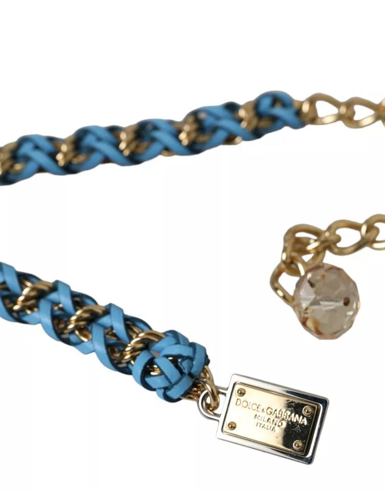 Blauwe gevlochten gouden messing ketting taille riem