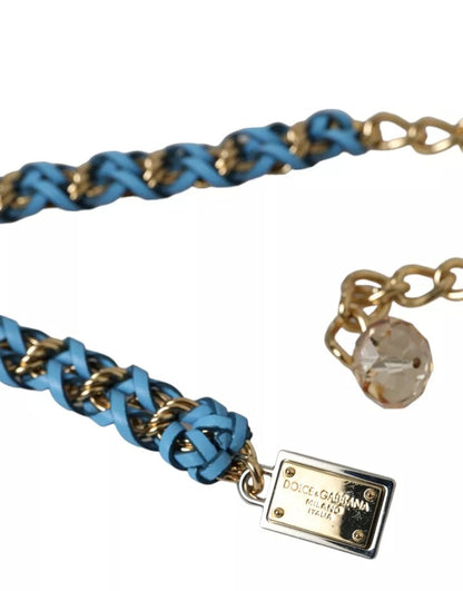 Blauwe gevlochten gouden messing ketting taille riem