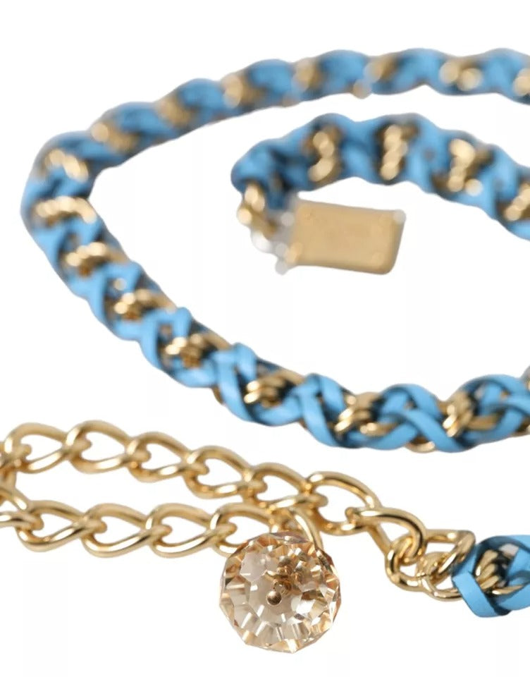 Blauwe gevlochten gouden messing ketting taille riem