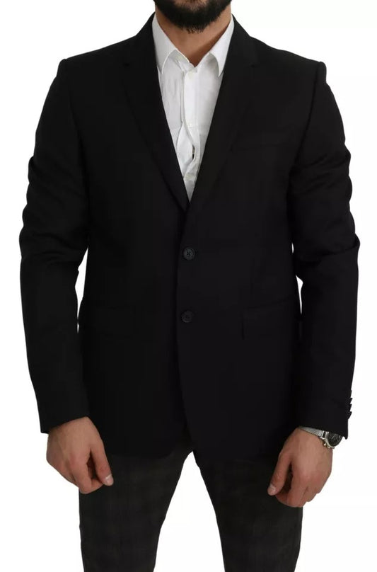 Zwarte wollen slim fit notch jas blazer