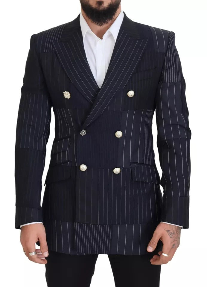 Blauwe wollen patchwork dubbelrijs blazer