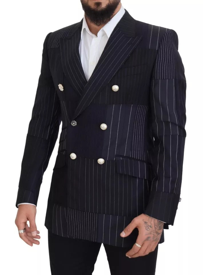 Blauwe wollen patchwork dubbelrijs blazer