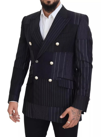 Blauwe wollen patchwork dubbelrijs blazer