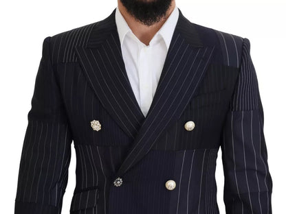 Blauwe wollen patchwork dubbelrijs blazer