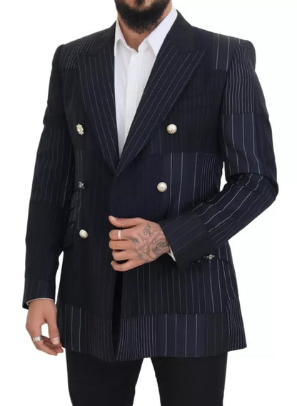 Blauwe wollen patchwork dubbelrijs blazer