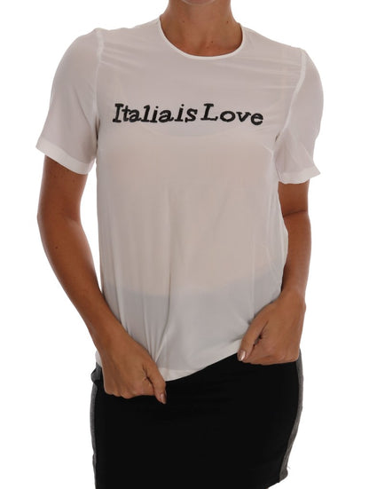 Zijden blouse met pailletten 'Italia Is Love' in het wit