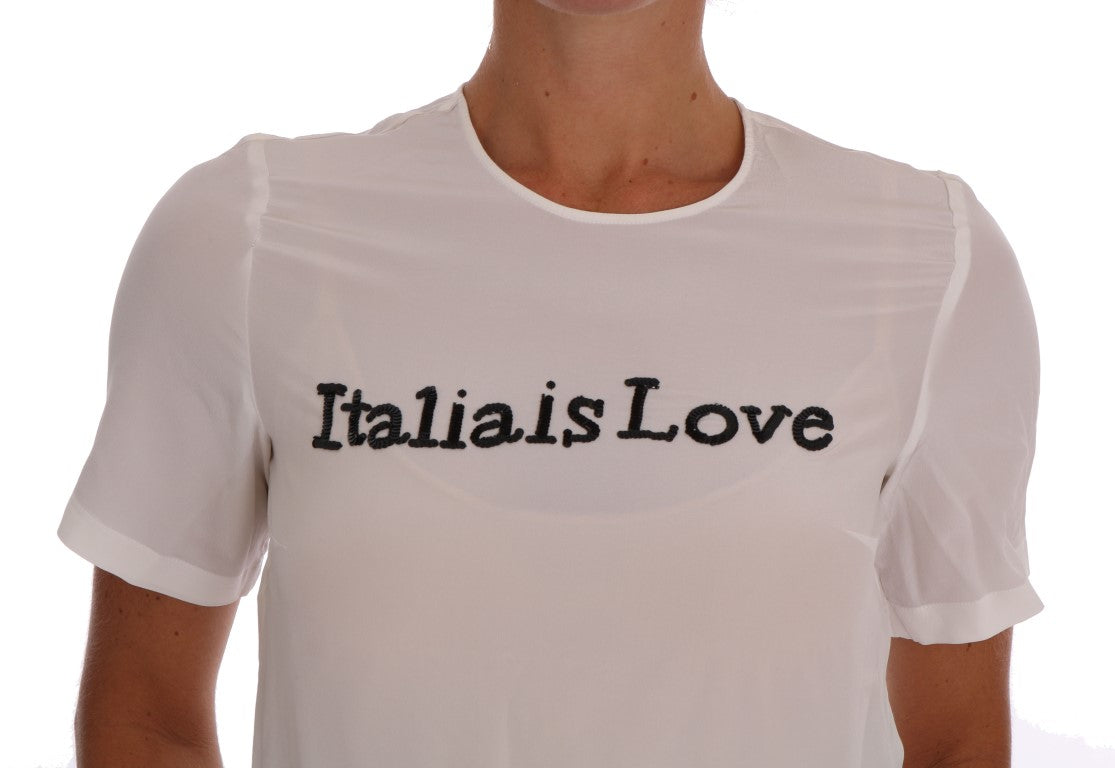 Zijden blouse met pailletten 'Italia Is Love' in het wit