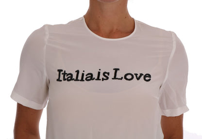 Zijden blouse met pailletten 'Italia Is Love' in het wit