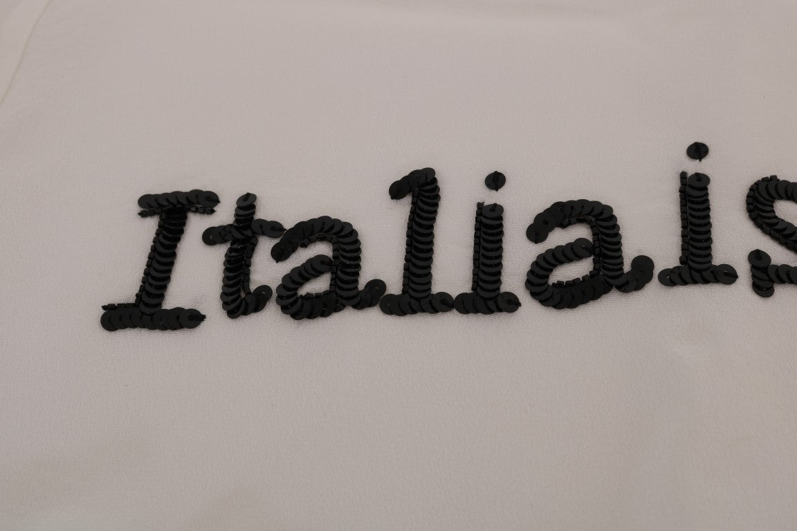 Zijden blouse met pailletten 'Italia Is Love' in het wit