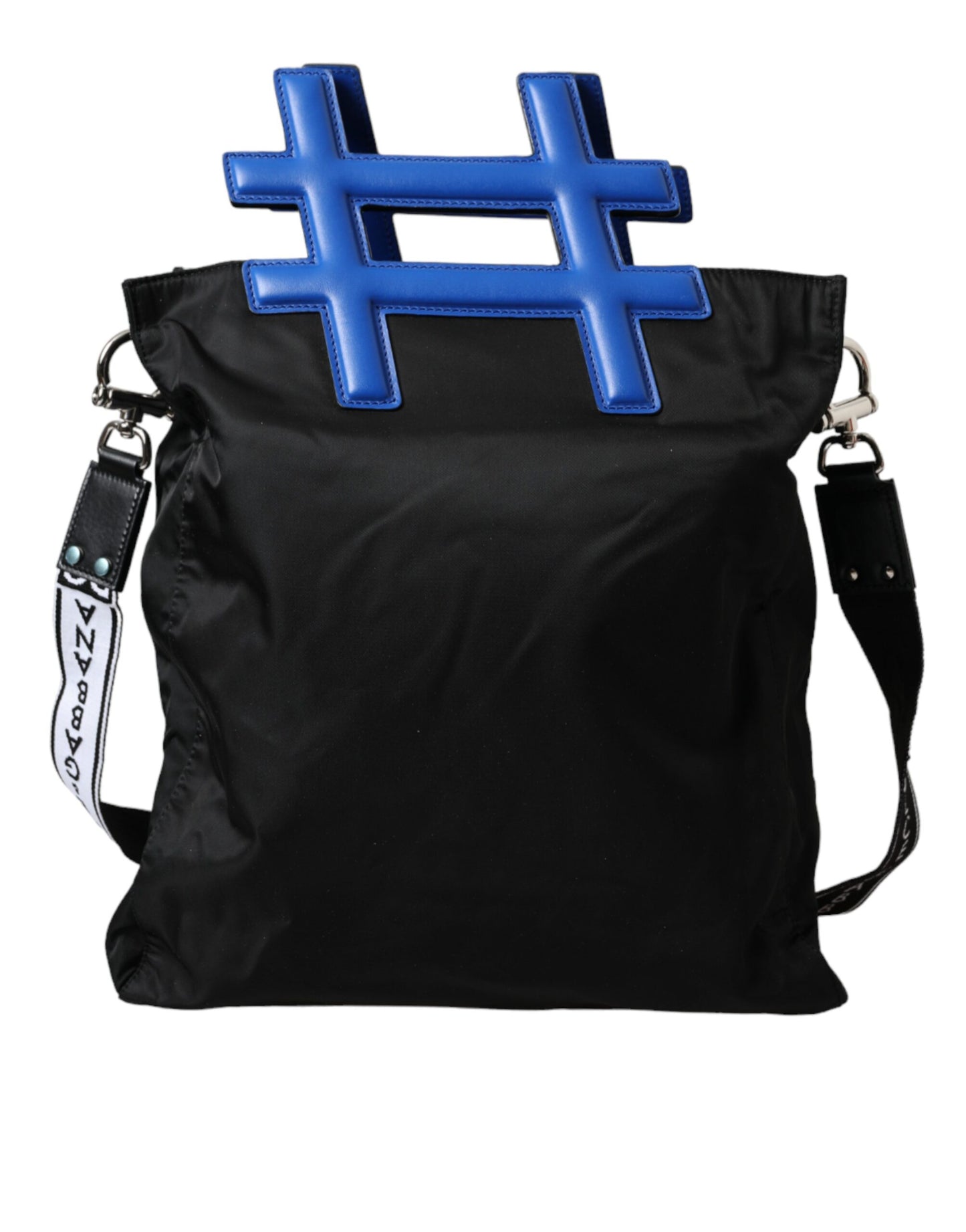 Zwarte nylon blauwe leren hashtag-boodschappentas